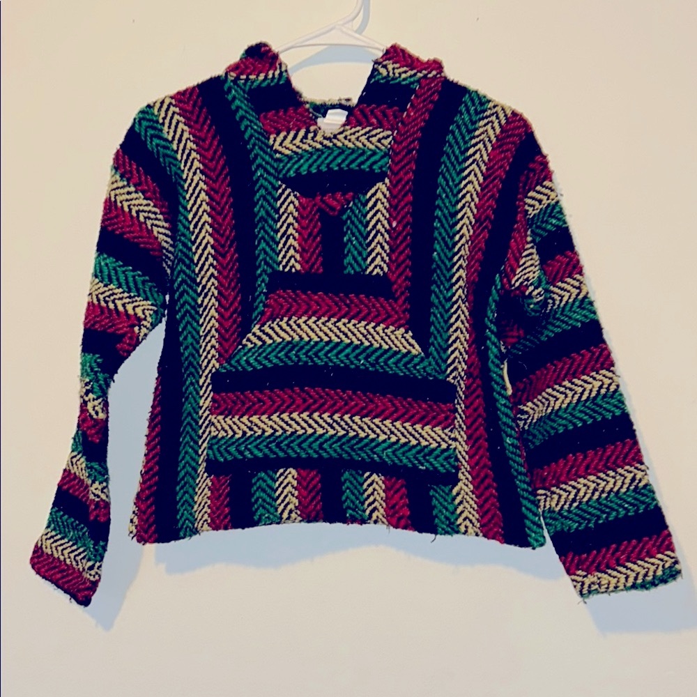 Red and Green Cowl Neck Sweater with Knitted Texture